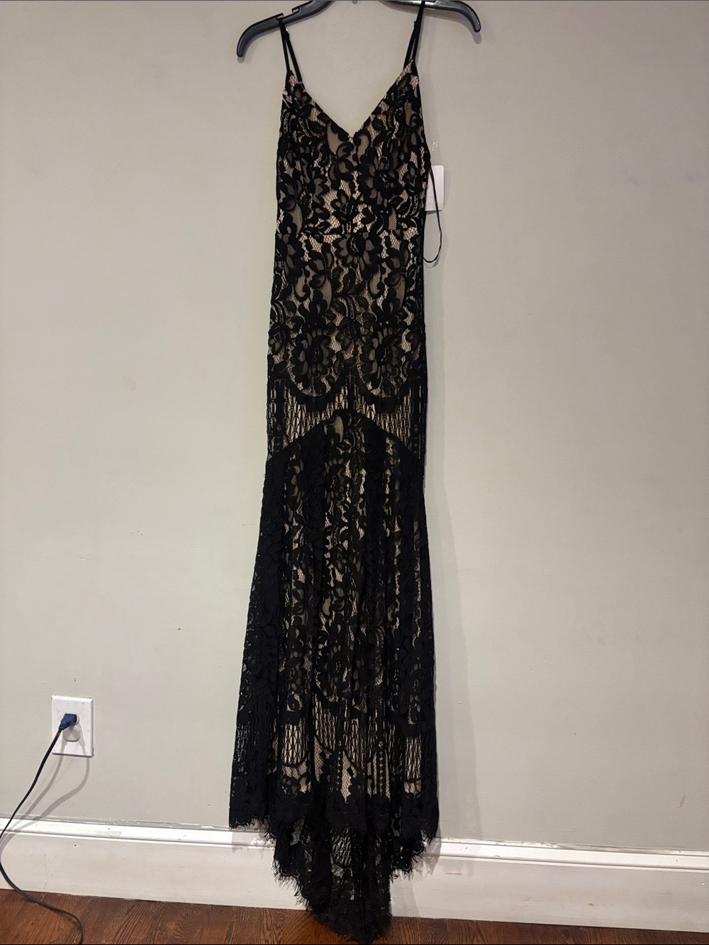 Lulu's Black Lace Maxi Dress with Nude Underlay